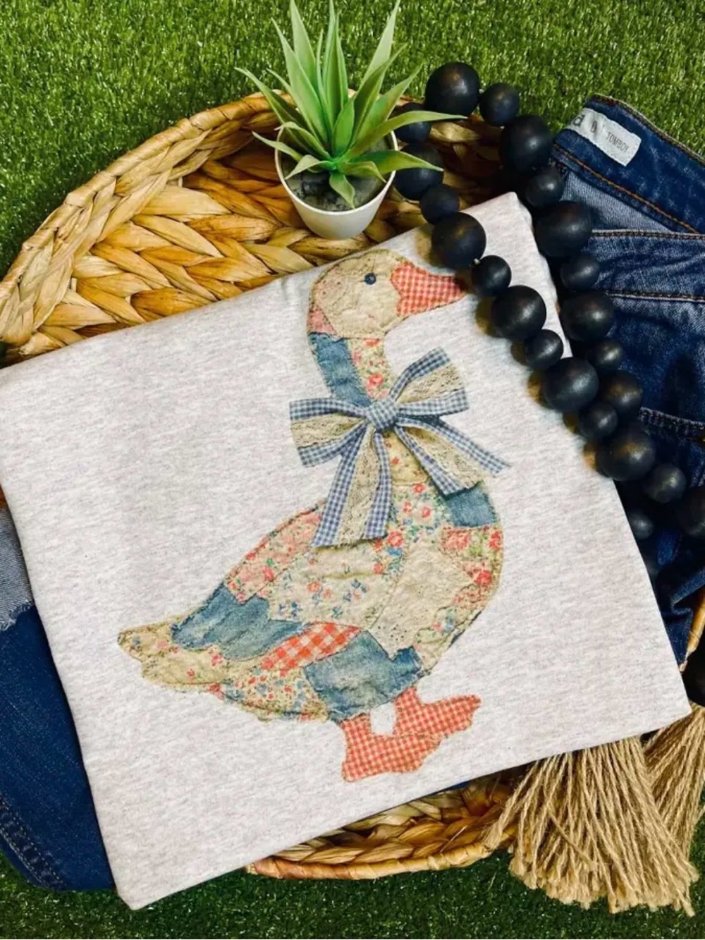Dilly dally goose patchwork southern western boho washed graphic tunic top shirt